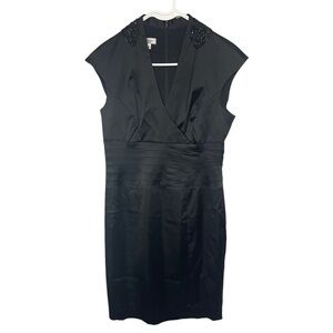 𝅺kay Unger Black Satin Pleated Waist Embellished Shoulder Cocktail Dress, 10